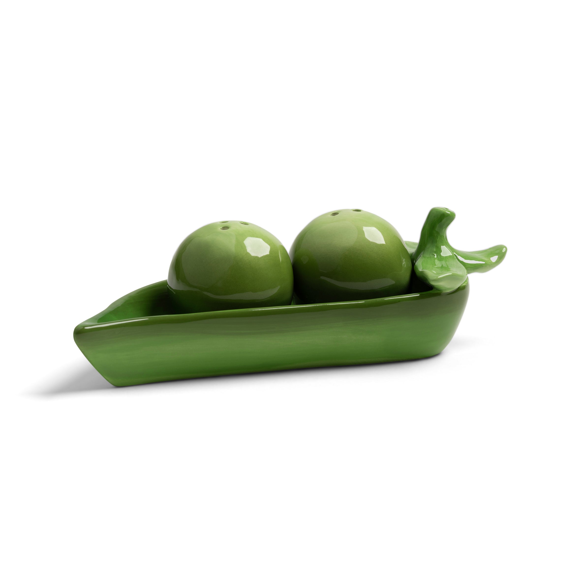 pea pod salt & pepper shakers by &klevering in glossy green ceramic, cut-out on white
