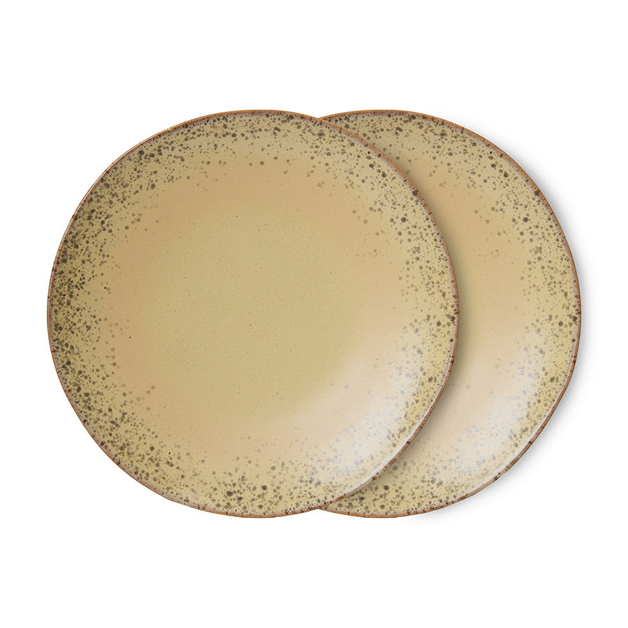 Two HKLIVING 70s Ceramics dinner plates in sandy grit speckled glaze, overlapping product shot on white background