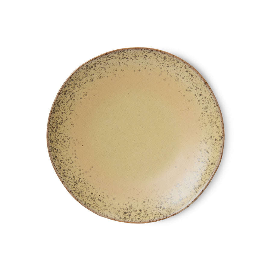 Two HKLIVING 70s Ceramics dinner plates in sandy grit speckled glaze, overlapping product shot on white background