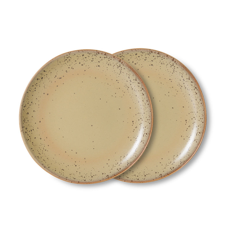 Two HKLIVING 70s Ceramics side plates in sandy beige grit speckled glaze, overlapping product shot on white background