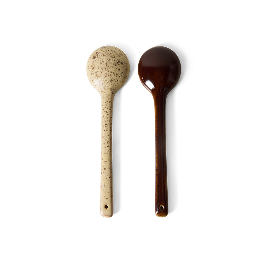back view of HKLIVING Hills ceramic serving spoons showing speckled cream and brown glaze