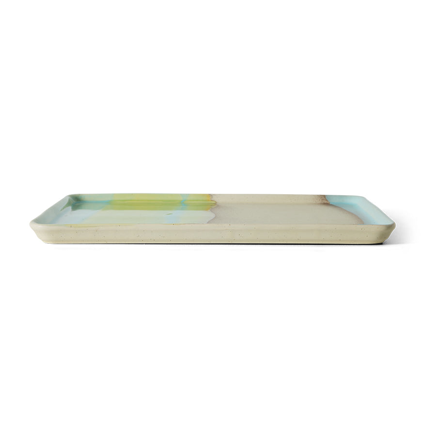 side view of HKLIVING 70s ceramics glint large tray showing low rectangular stoneware shape
