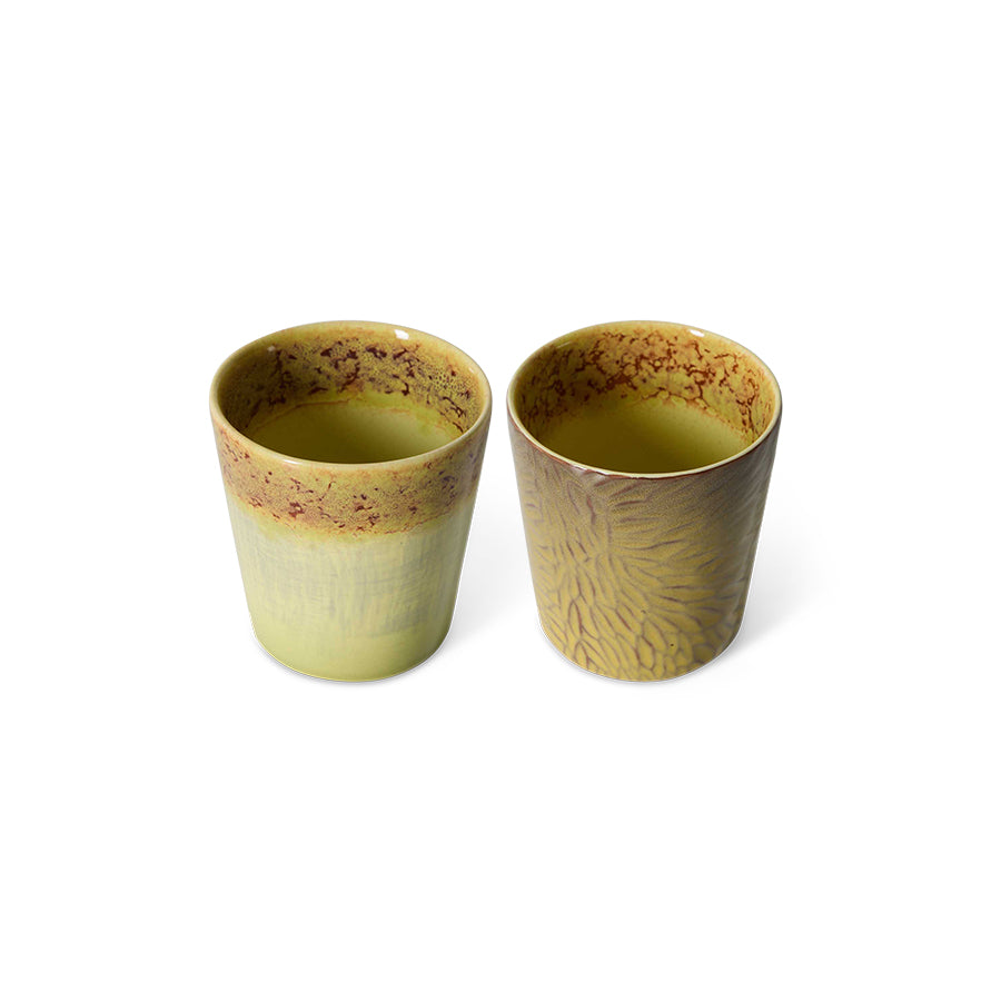 top view of HKLIVING Van Gogh Sunflowers coffee mugs showing yellow glazed interiors