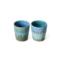 top view of HKLIVING Van Gogh Self Portrait coffee mugs showing blue glazed interiors