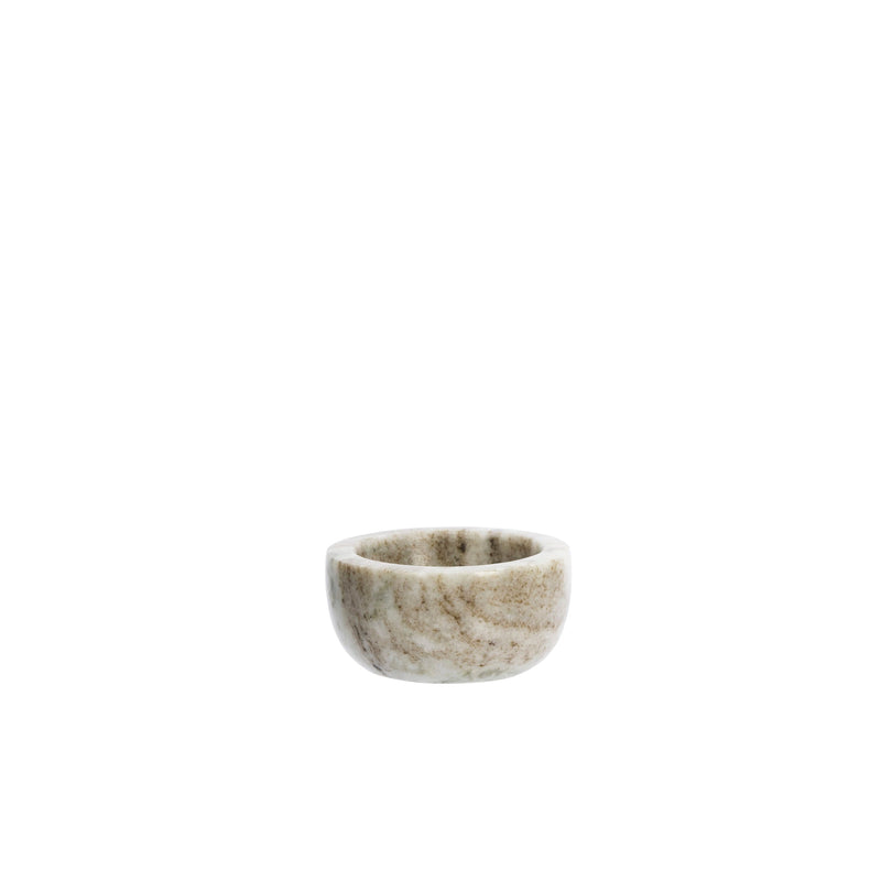 small round beige marble bowl for salt or jewellery on white background

