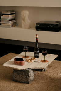 Lagoon small dish by Olsson & Jensen on a stone coffee table with wine glasses