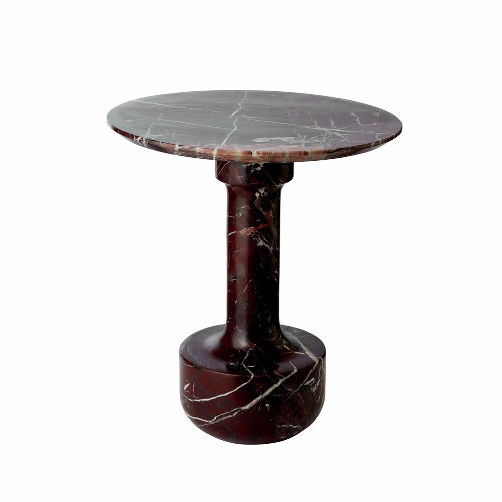 Lene Bjerre Marel round marble pedestal side table in burgundy marble with white veining