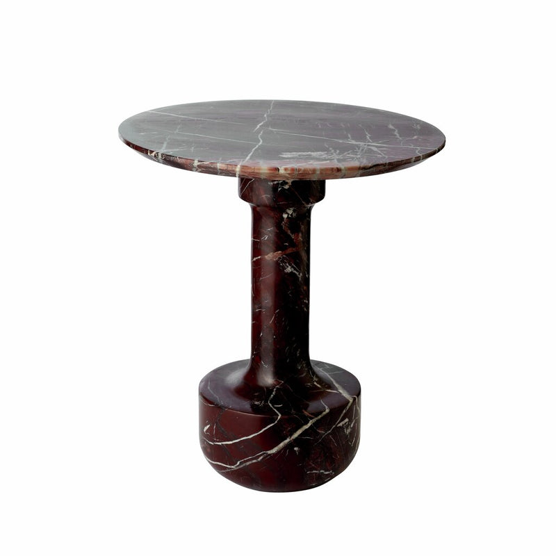 Lene Bjerre Marel round marble pedestal side table in burgundy marble with white veining