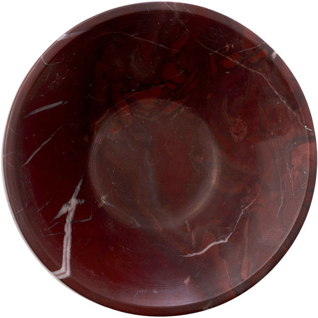 Top-down view inside the burgundy Marnine marble bowl showing white veining