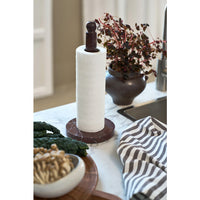 Marnine marble kitchen roll holder in burgundy styled with mushrooms, kale and a striped tea towel