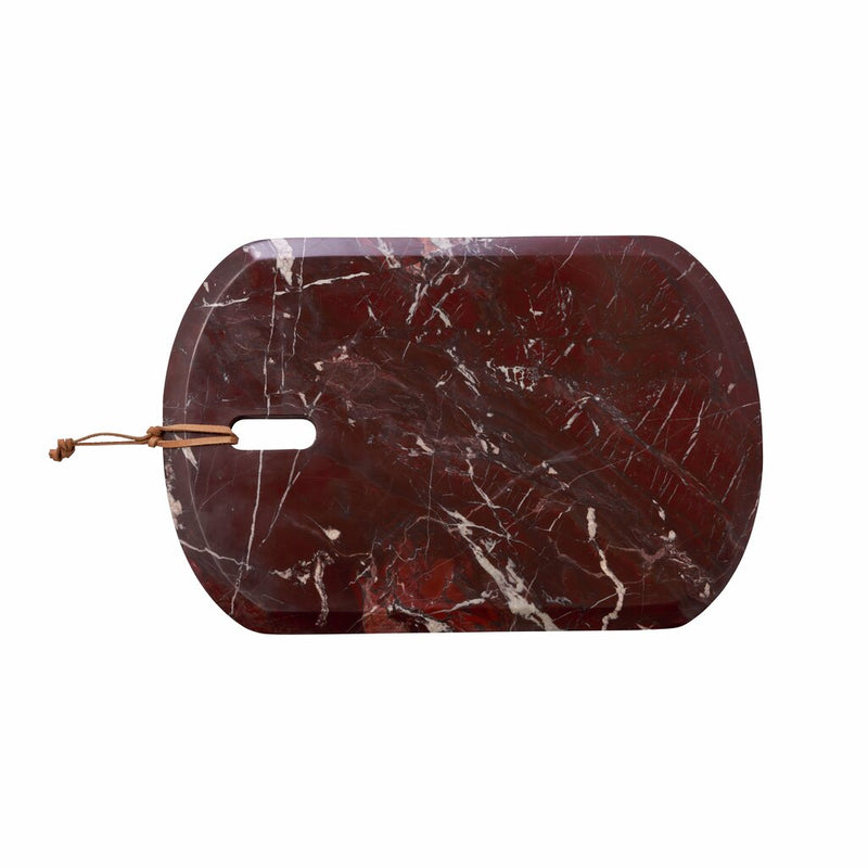 Lene Bjerre Marnine burgundy marble serving board, 45 x 30cm, with rounded handle and leather strap