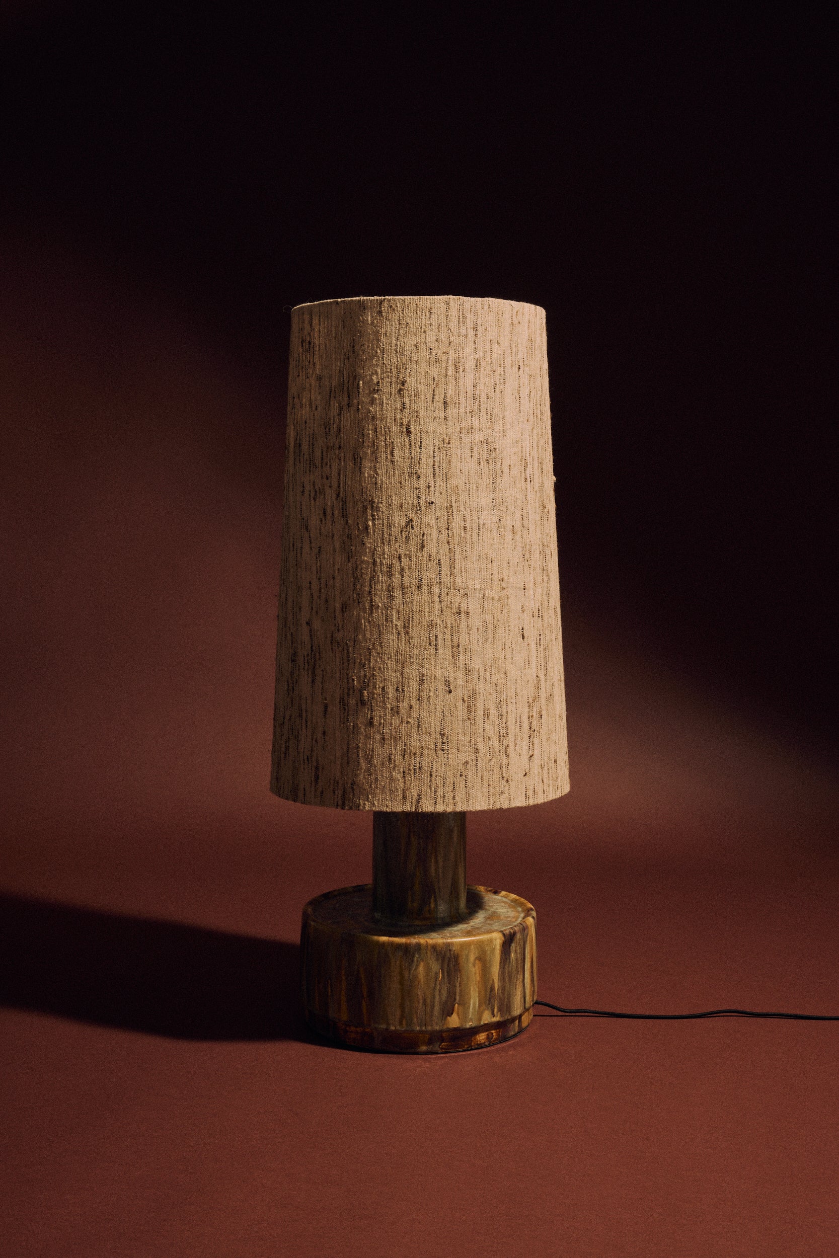 hkliving ceramic lamp base in reactive green glaze with natural silk cylinder shade, close-up