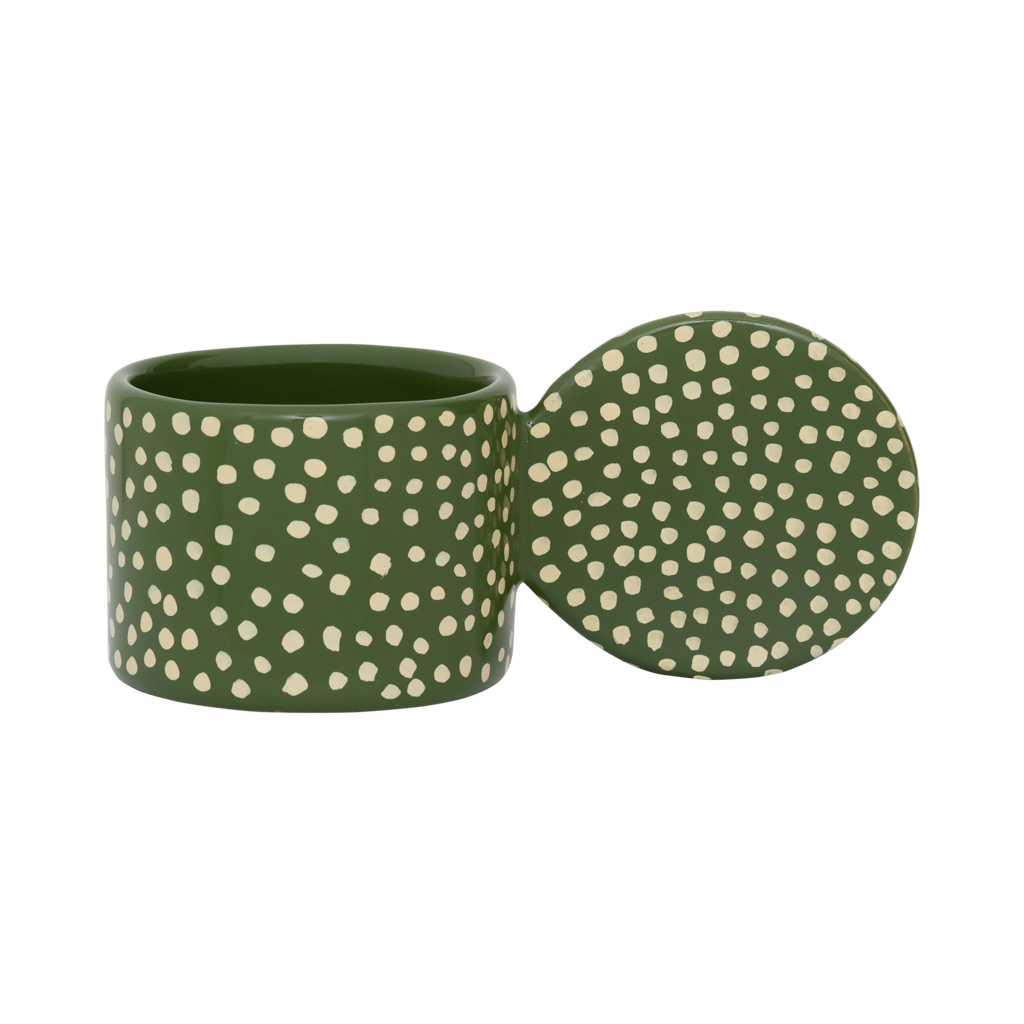 Lucan XL tealight holder in forest green with hand-painted cream dots and an oversized round handle, by Urban Nature Culture