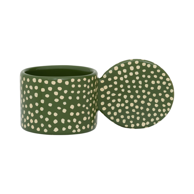 Lucan XL tealight holder in forest green with hand-painted cream dots and an oversized round handle, by Urban Nature Culture