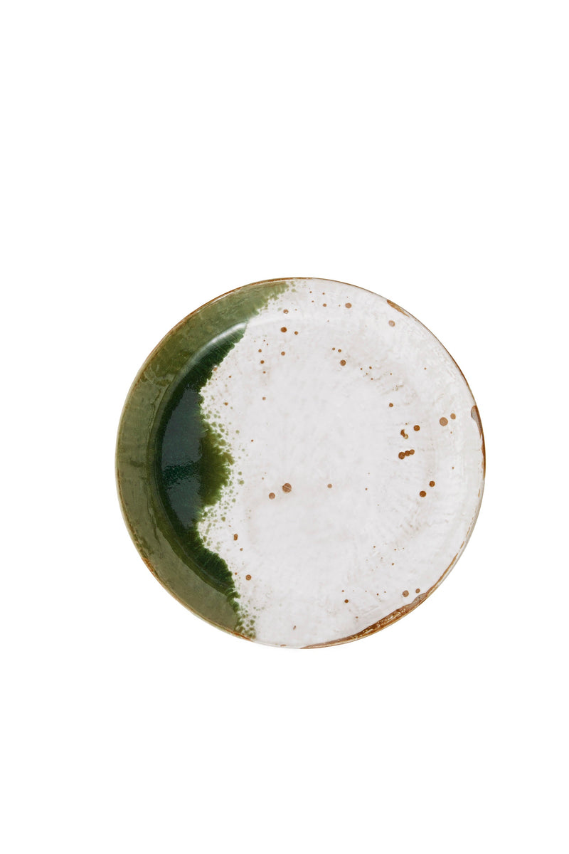 white and green stoneware dinner plate with unique reactive glaze finish
