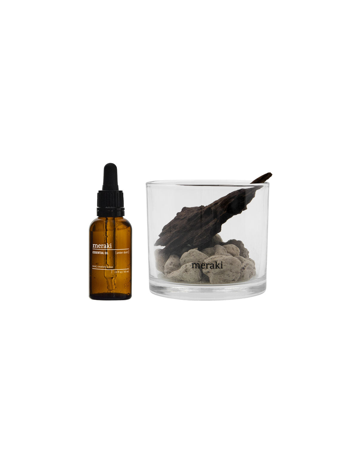 Meraki Amber Dust diffuser set: 30ml amber dropper bottle and glass tumbler with lava stones and driftwood