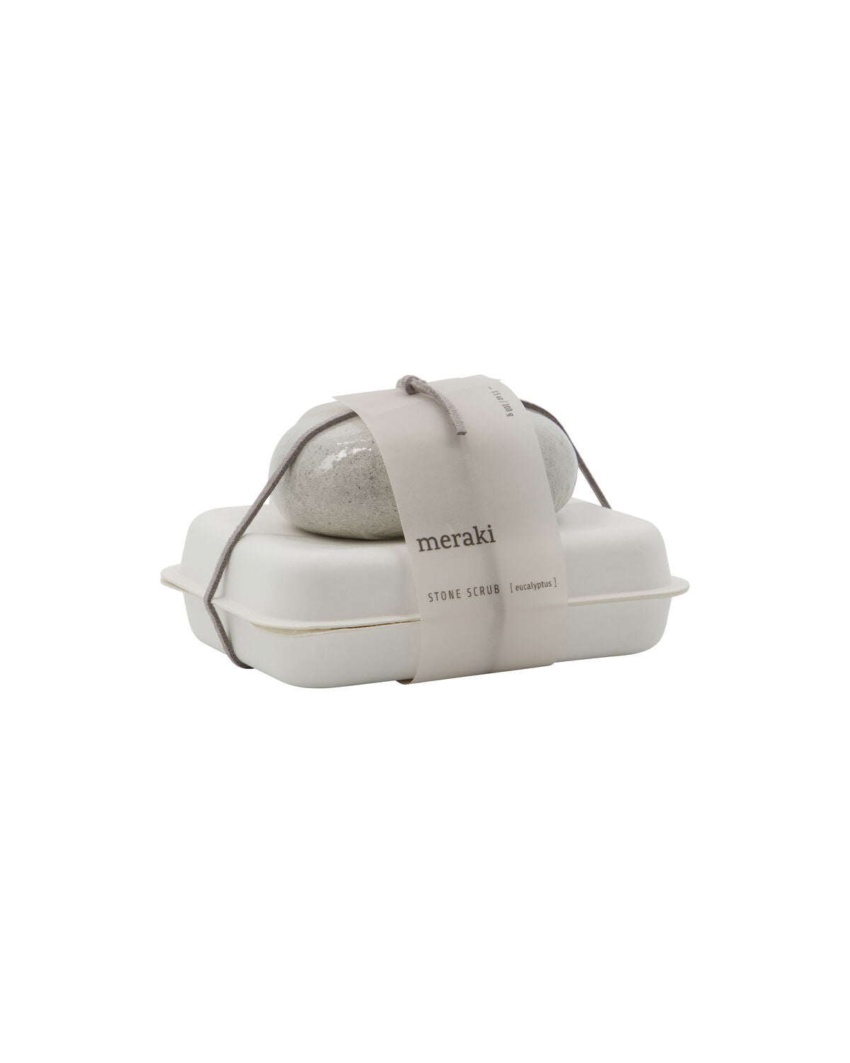 Meraki eucalyptus stone scrub set shown from the side