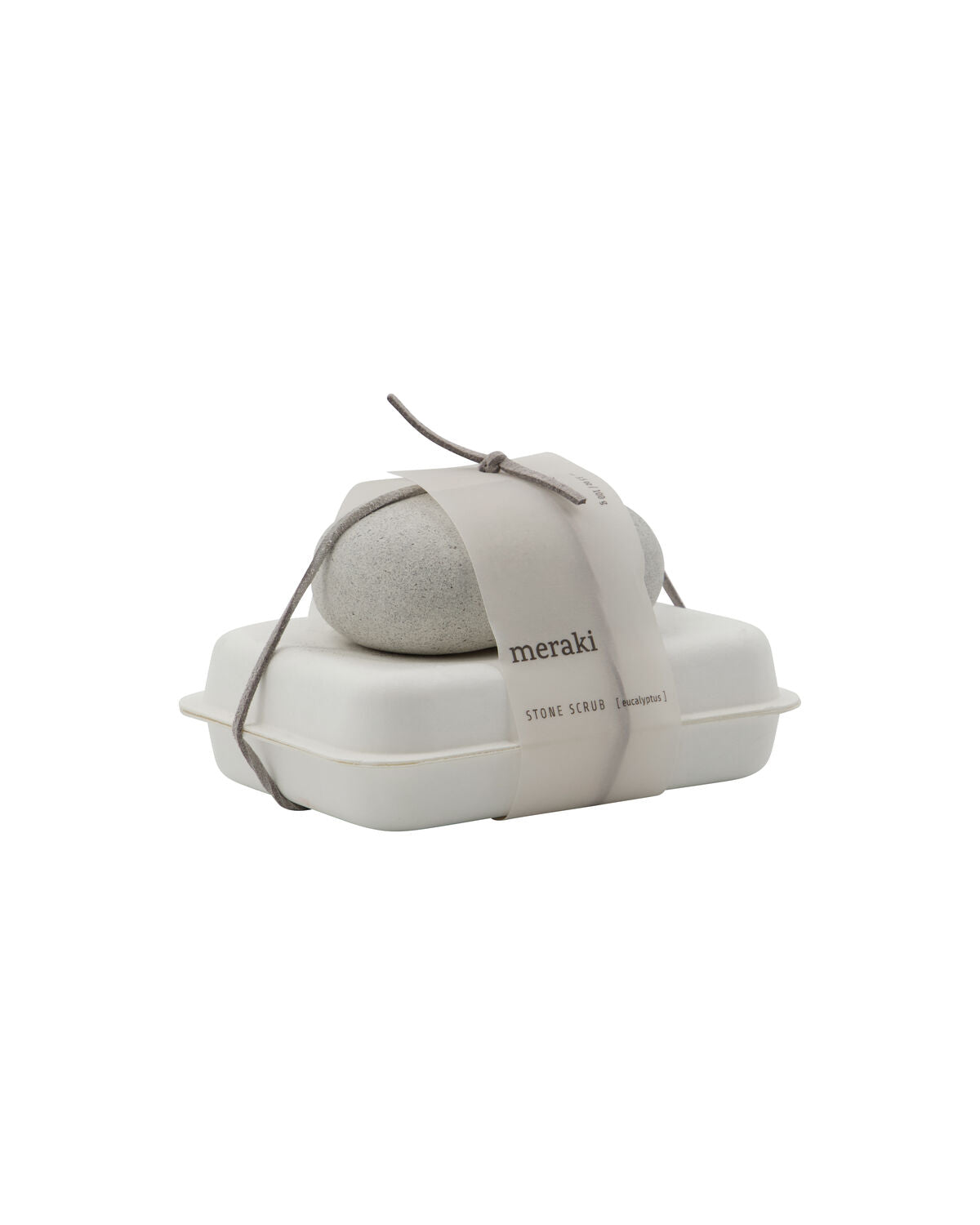 Meraki eucalyptus stone scrub set, grey scrub stone and soap tied with cord in a white tray