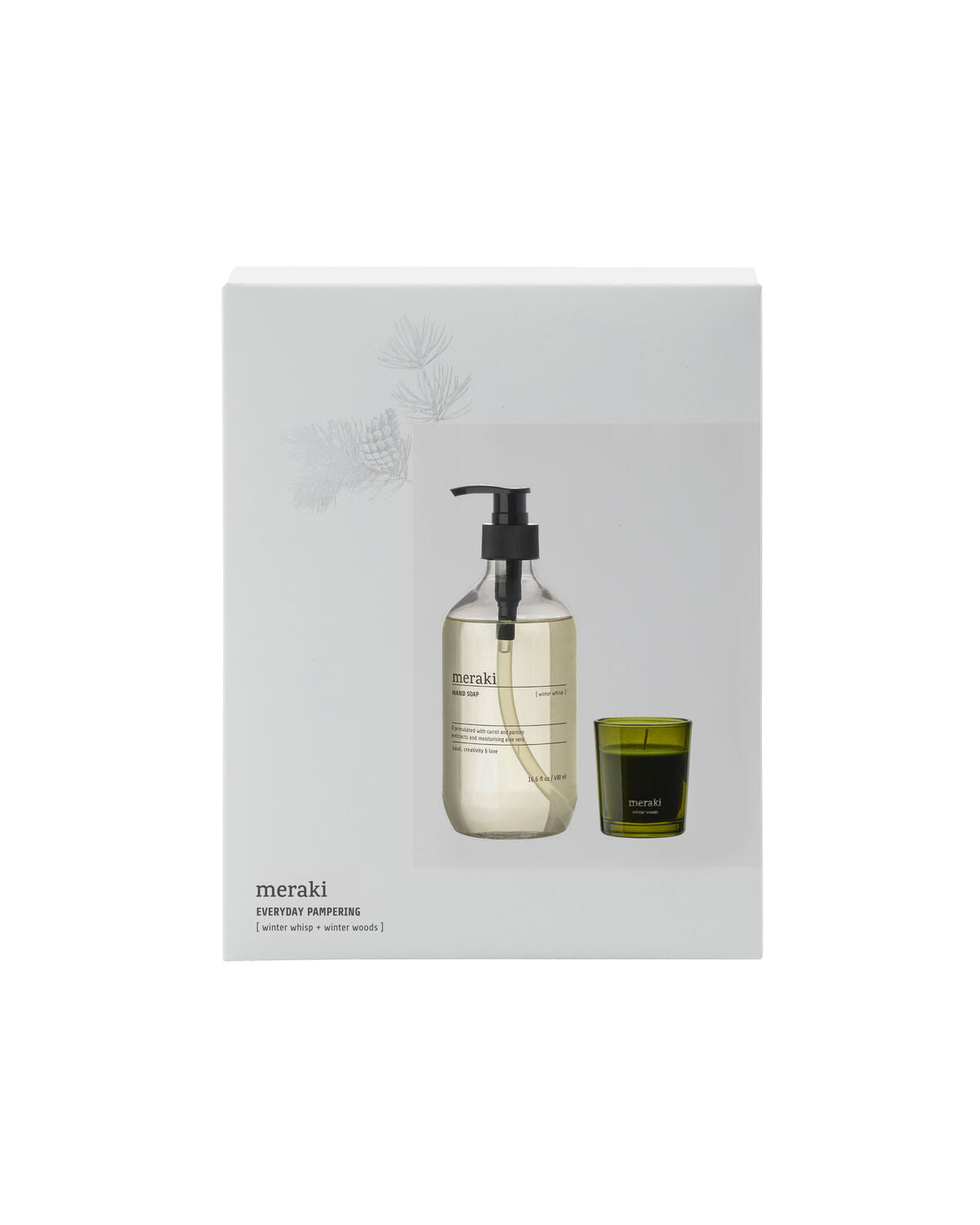 Meraki Winter Whisp hand soap and Winter Woods candle gift box, white with a botanical illustration