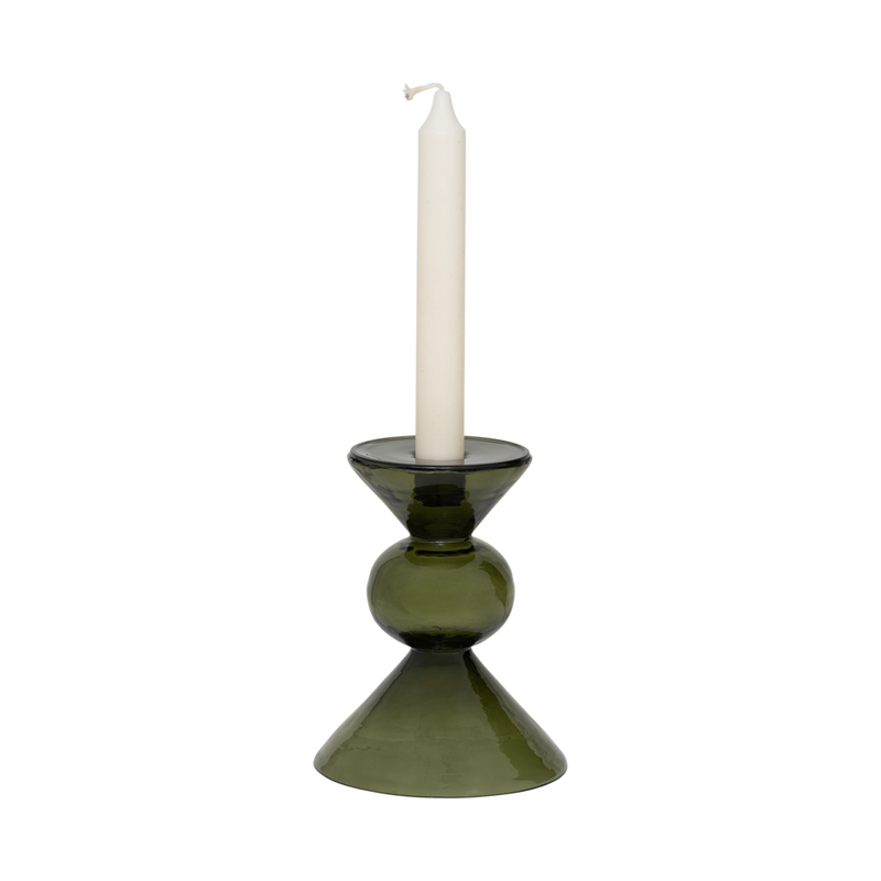 Mesi bottle green glass candle holder with an ivory dinner candle