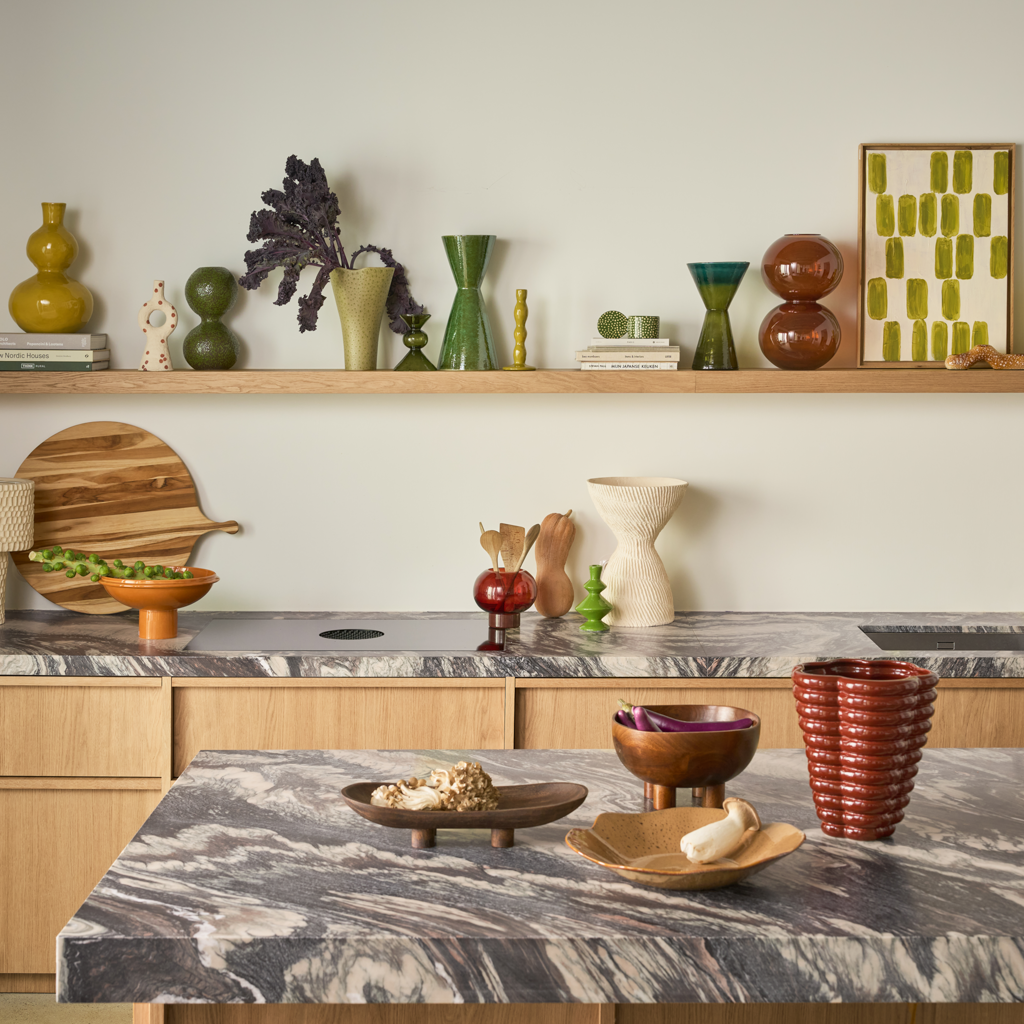 Urban Nature Culture ceramics styled on a kitchen shelf and marble worktop