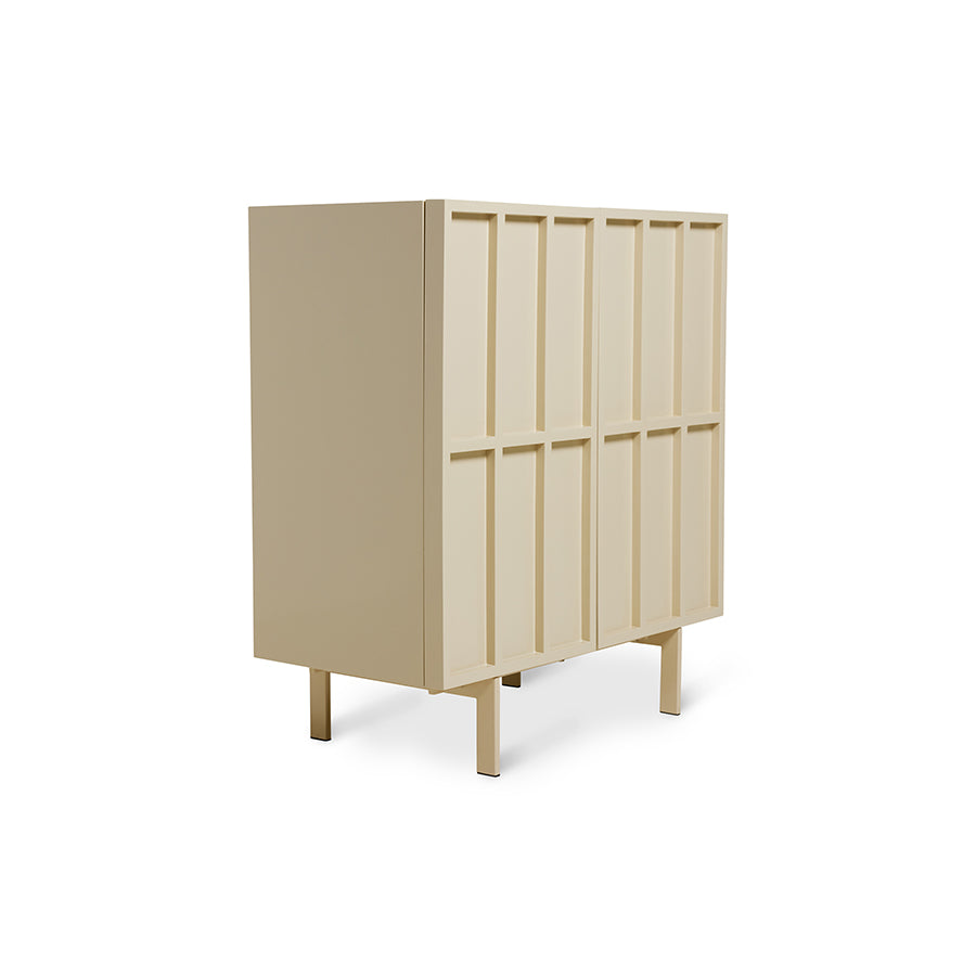 Beige cabinet with wooden slats on a white background