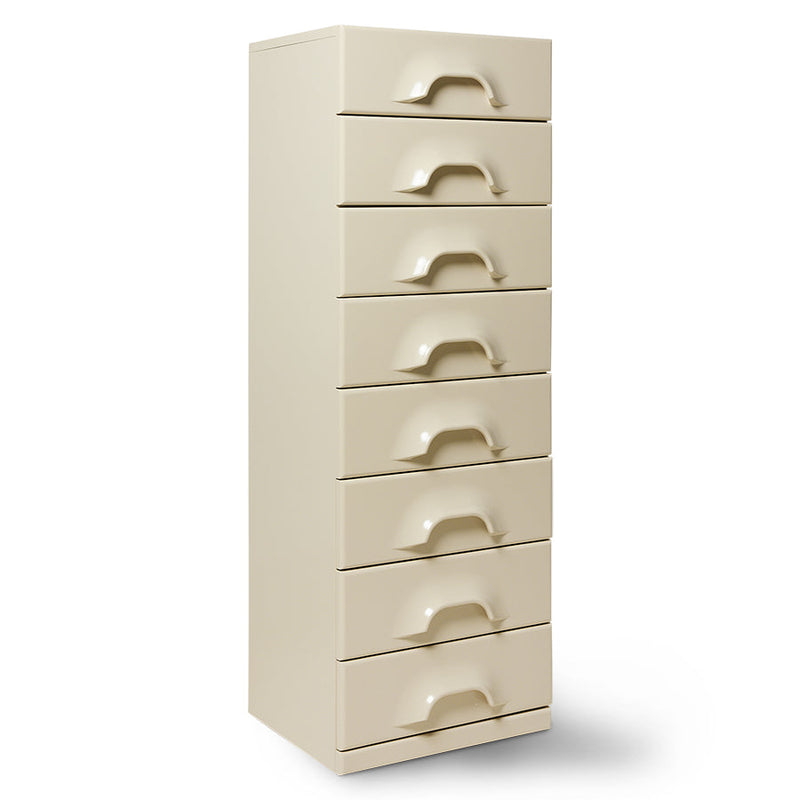 Cream HKLIVING chest of 8 drawers, three-quarter view showing the moulded handles