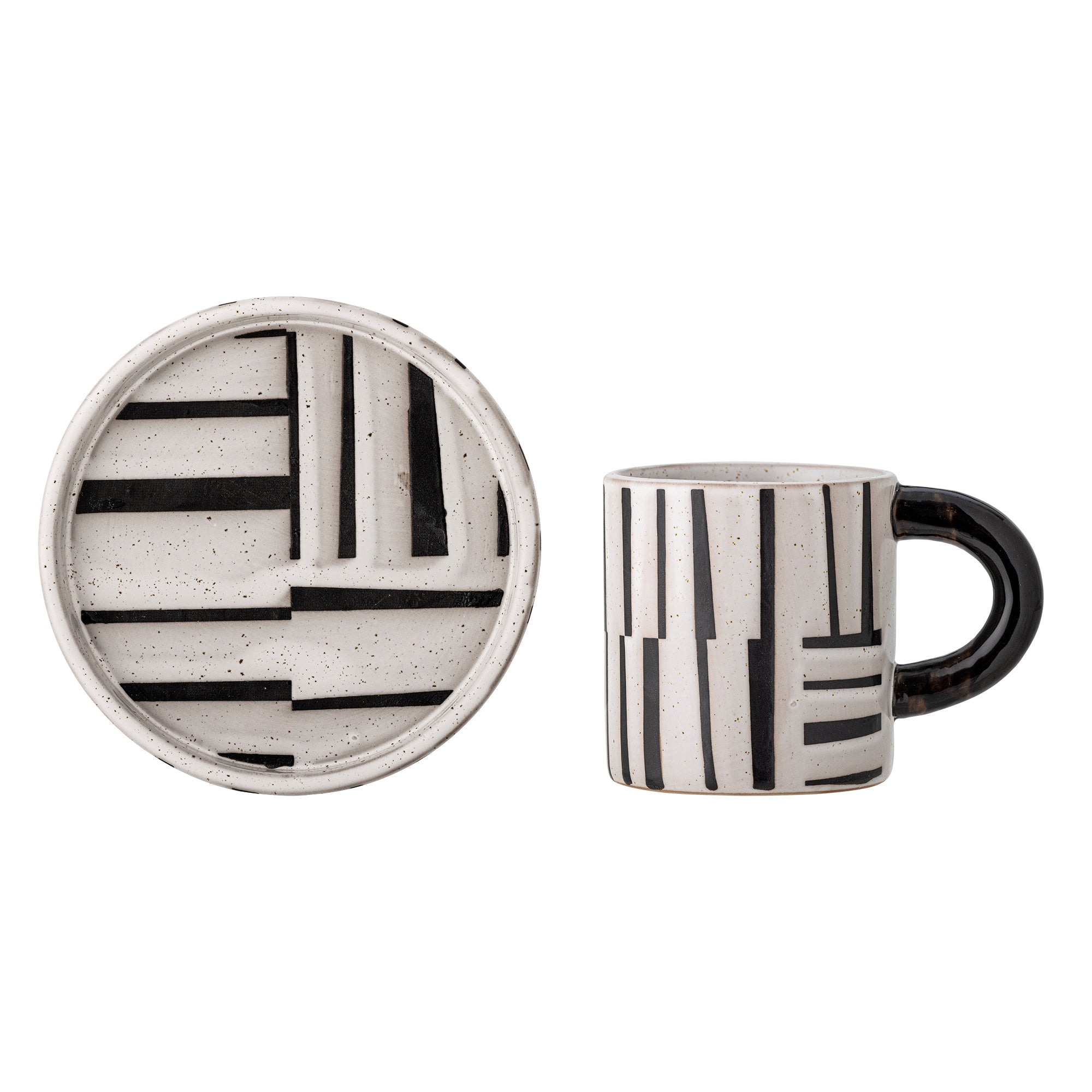 Graphic stoneware cup and saucer set with hand-painted detailing