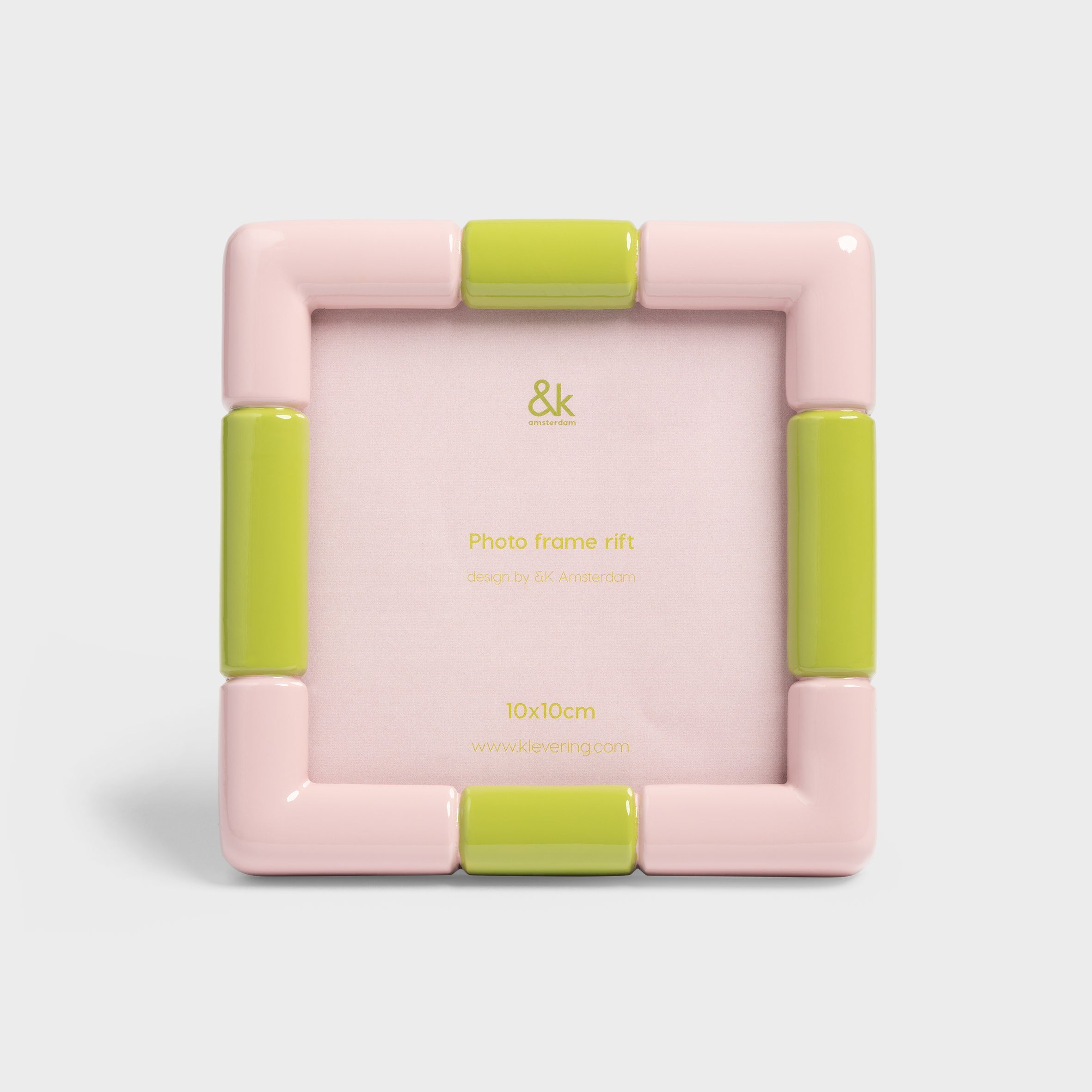 Modern pink and green square picture frame fitting 10 x 10 cm photos.
