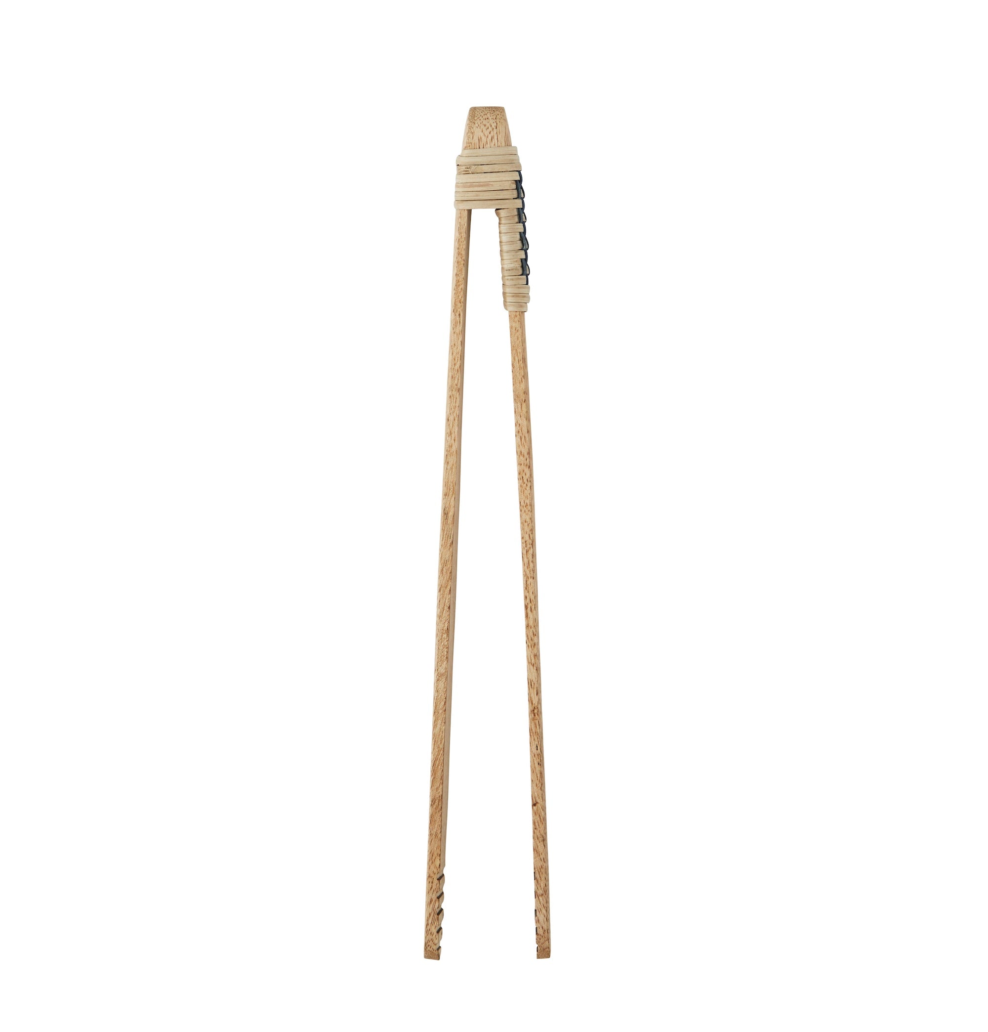 natural mango wood tongs with blue woven bamboo detail

