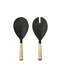 dark burned mango wood serving set with natural bamboo handles, set of two
