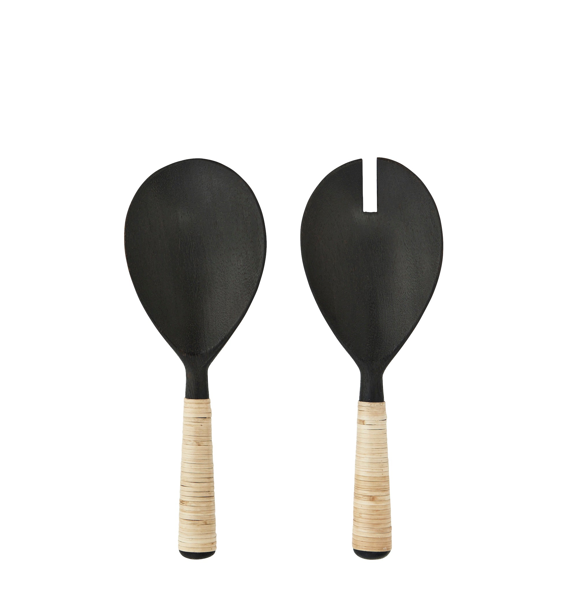 dark burned mango wood serving set with natural bamboo handles, set of two
