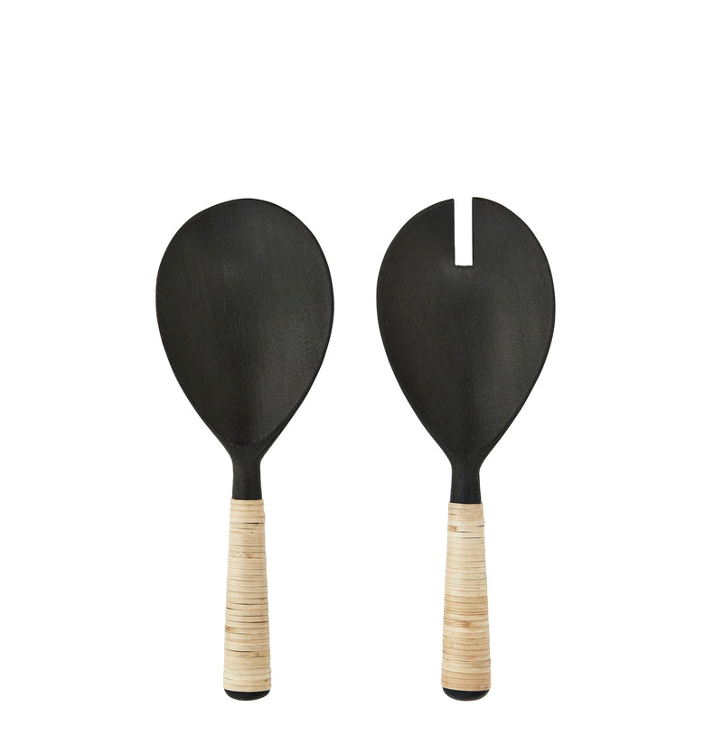 dark burned mango wood serving set with natural bamboo handles, set of two
