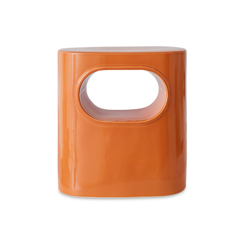 glossy orange end table from hkliving with a hole thorugh the middle creating an almost shelf within the table itself