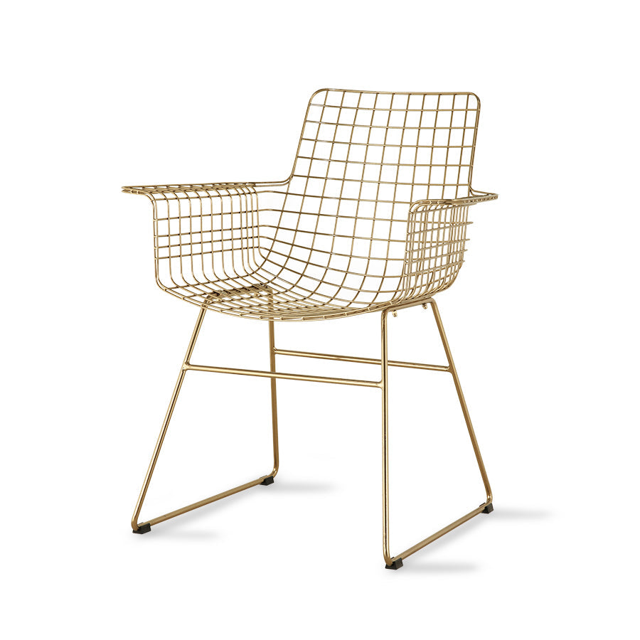 Brass HKLIVING metal wire chair with arms, three-quarter view on a white background