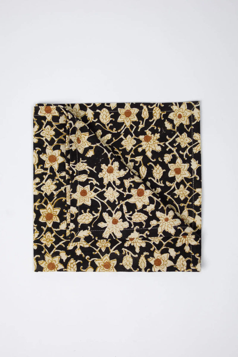 Nadine black floral block print cotton napkin by Olsson & Jensen