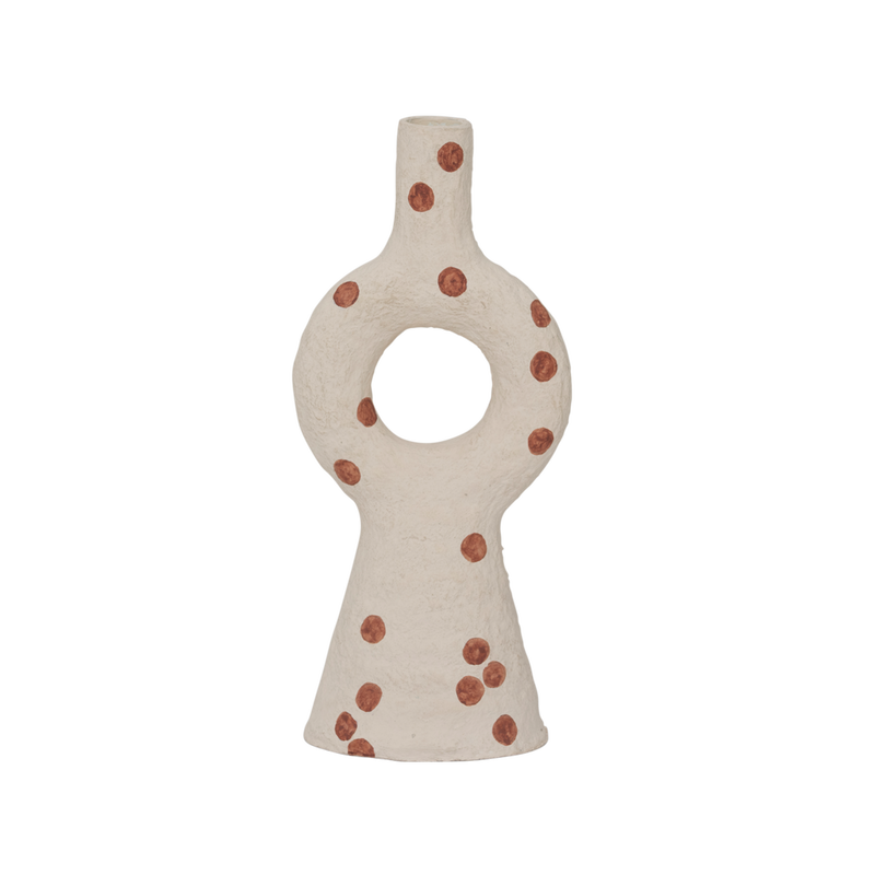 Nao candle holder in almond with terracotta dots and a circular cut-out, by Urban Nature Culture