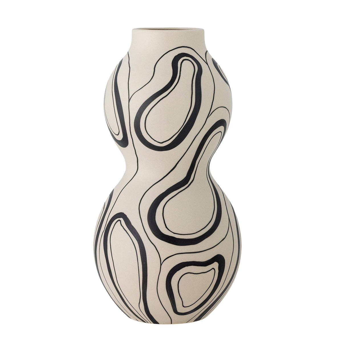 Close-up of black organic line pattern on large curved stoneware vase