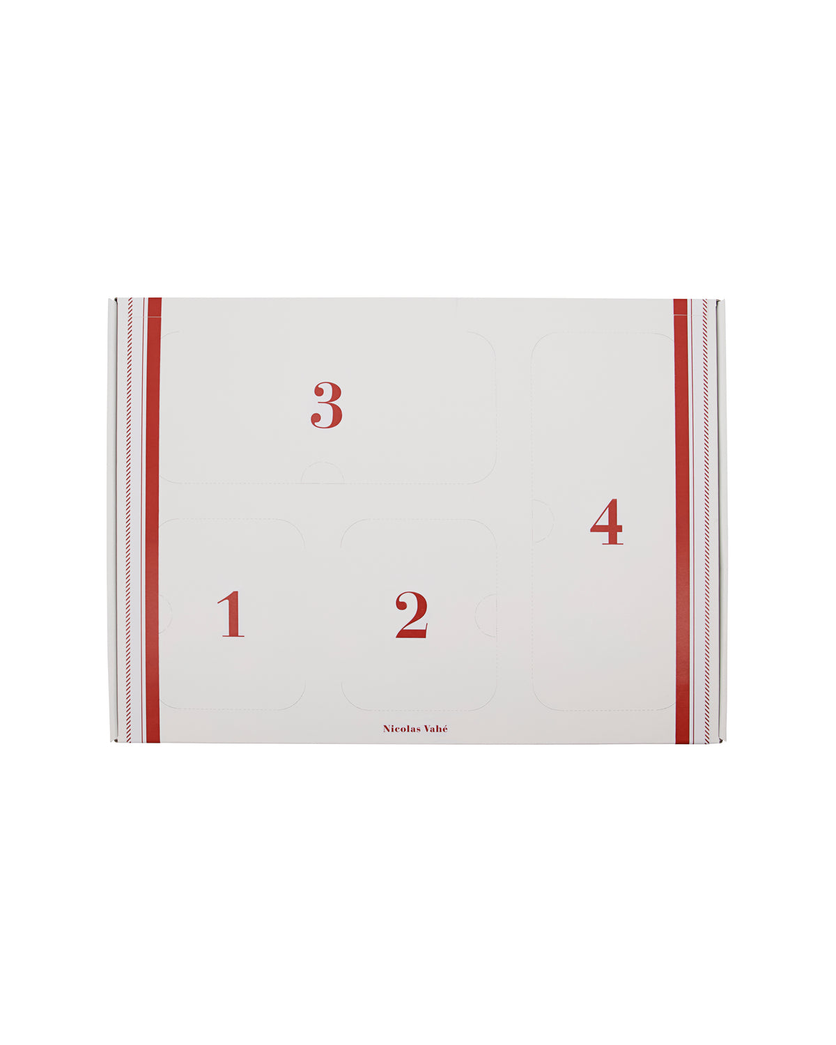 Nicolas Vahé Advent gift box 2026, white box with red stripes numbered 1 to 4 on the lid