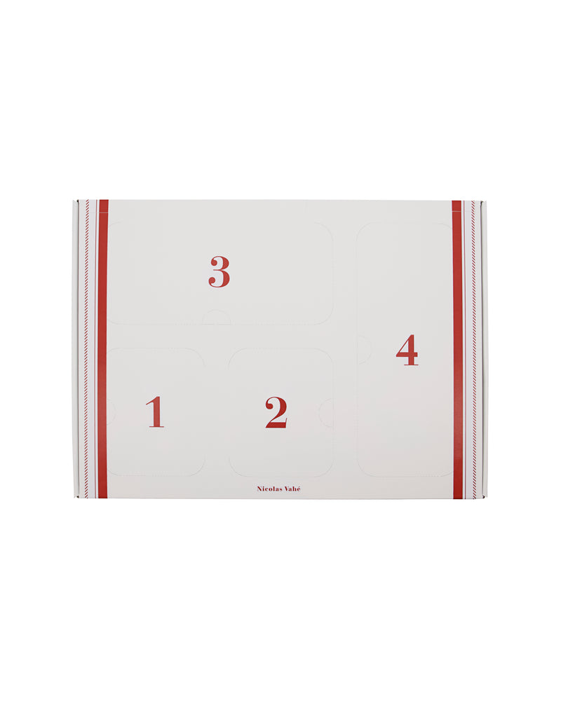 Nicolas Vahé Advent gift box 2026, white box with red stripes numbered 1 to 4 on the lid