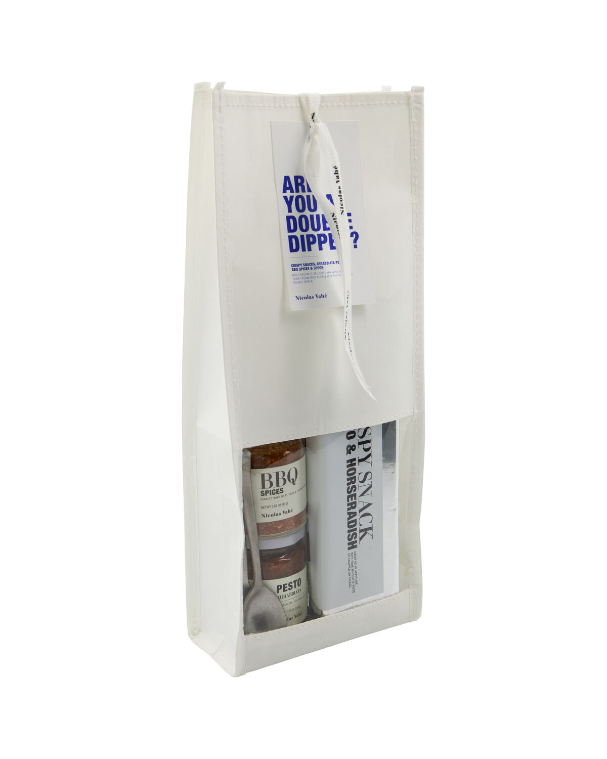 Nicolas Vahé Are You a Double Dipper white windowed gift bag with blue hang tag