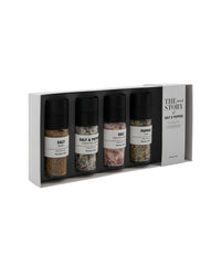 Nicolas Vahé The Mixed Story gift box with four salt and pepper grinders in a grey windowed box