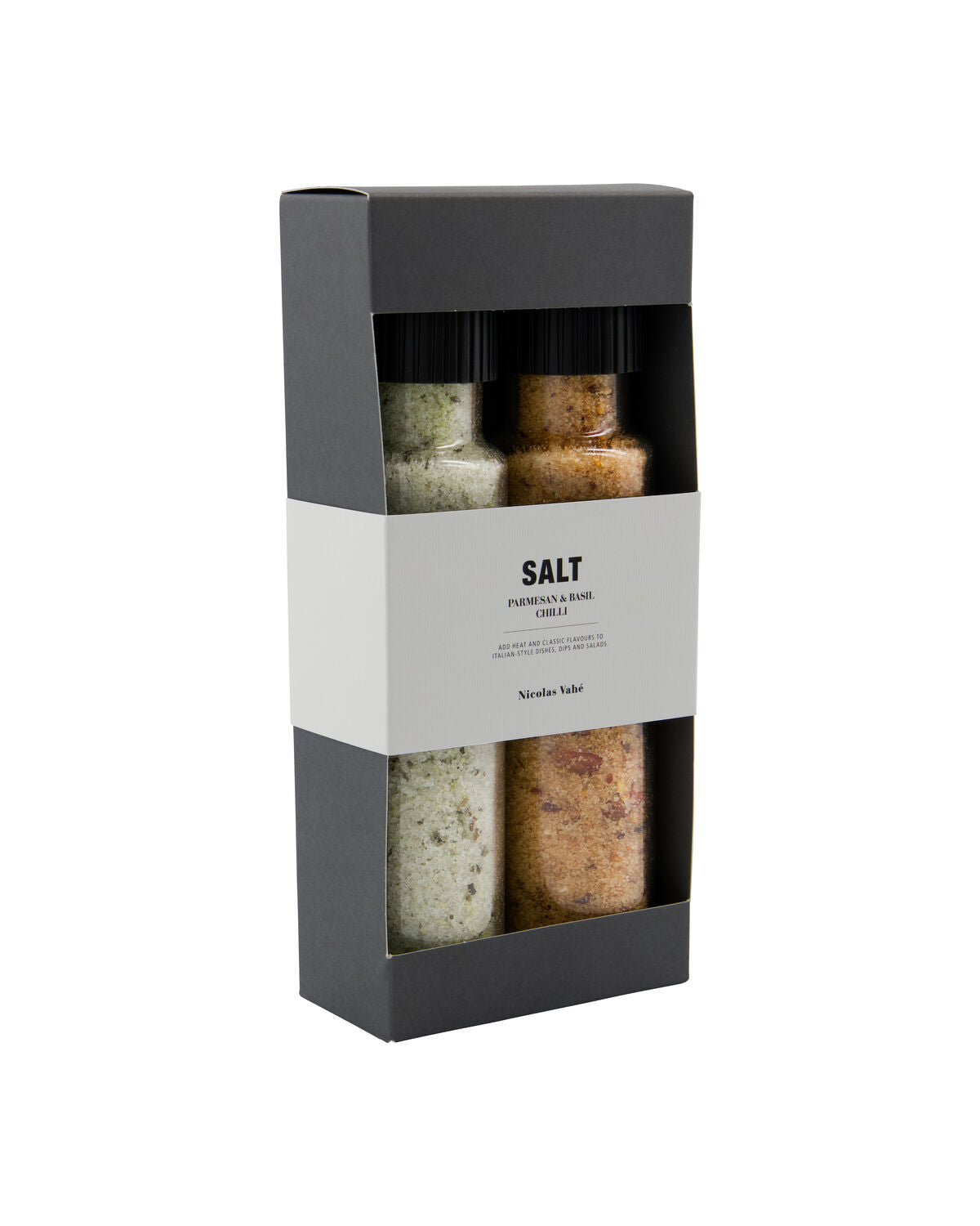 Nicolas Vahé salt gift box with Parmesan and basil salt and chilli salt grinders