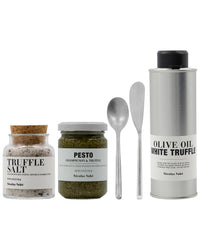 Contents of the Nicolas Vahé truffle gift bag: truffle salt, champignon and truffle pesto, silver-finish spoon and butter knife, white truffle olive oil tin