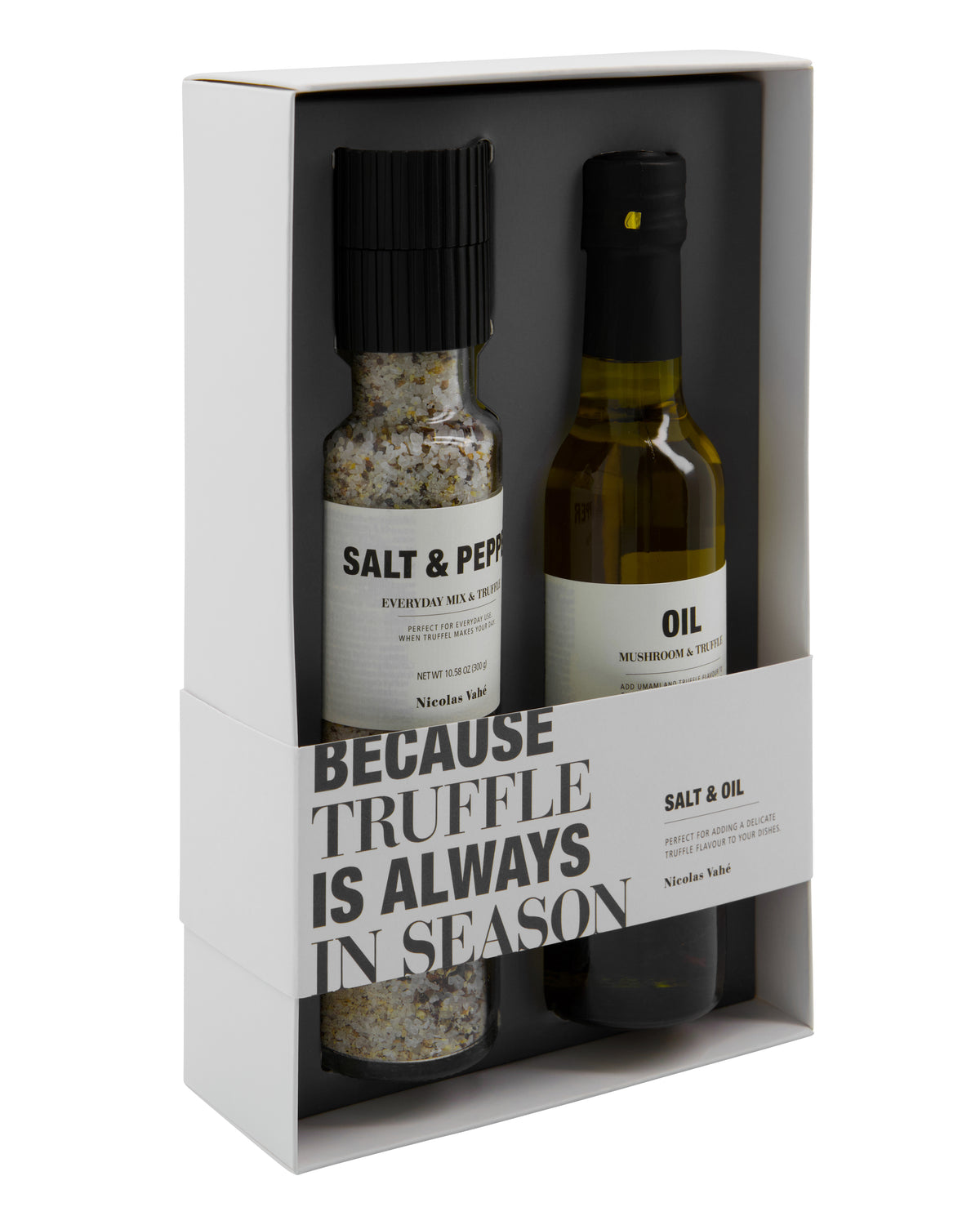 Nicolas Vahé Because Truffle Is Always in Season gift box with truffle salt and pepper grinder and mushroom and truffle oil