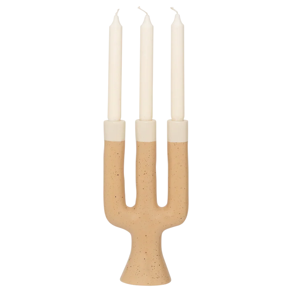 Nox apricot and cream candle holder with three ivory dinner candles