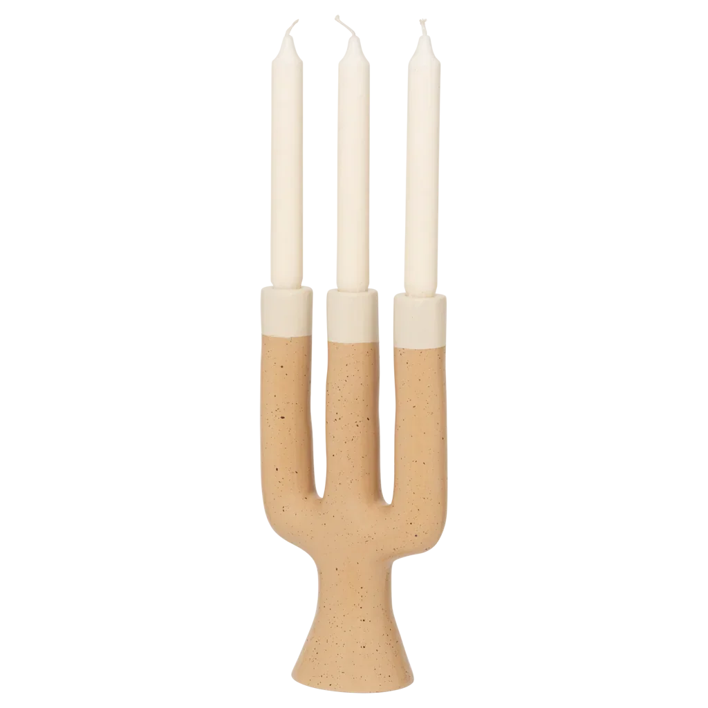 Nox three-arm candle holder holding dinner candles, front view