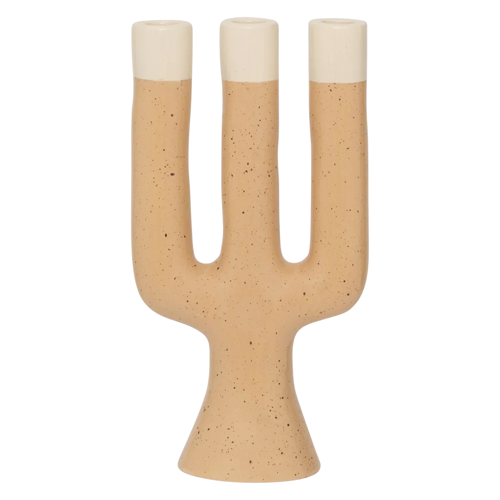 Nox three-arm candle holder in apricot with cream tips by Urban Nature Culture