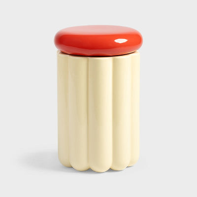 blue scalloped &k Amsterdam storage jar with rounded yellow lid

