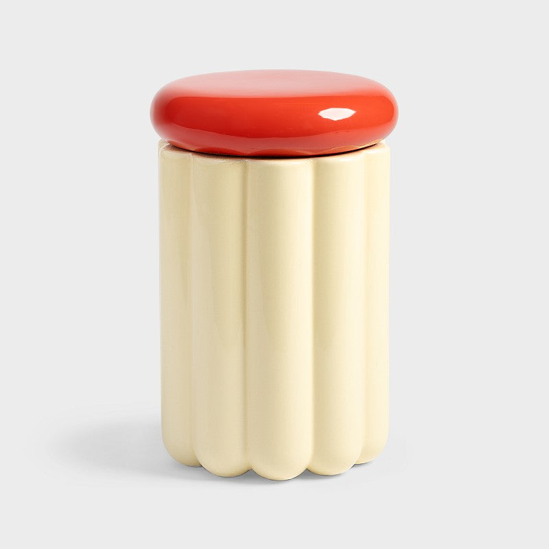 blue scalloped &k Amsterdam storage jar with rounded yellow lid
